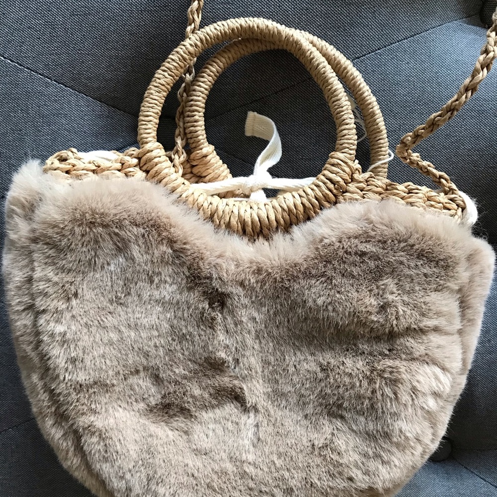 zara rattan and faux fur bag.